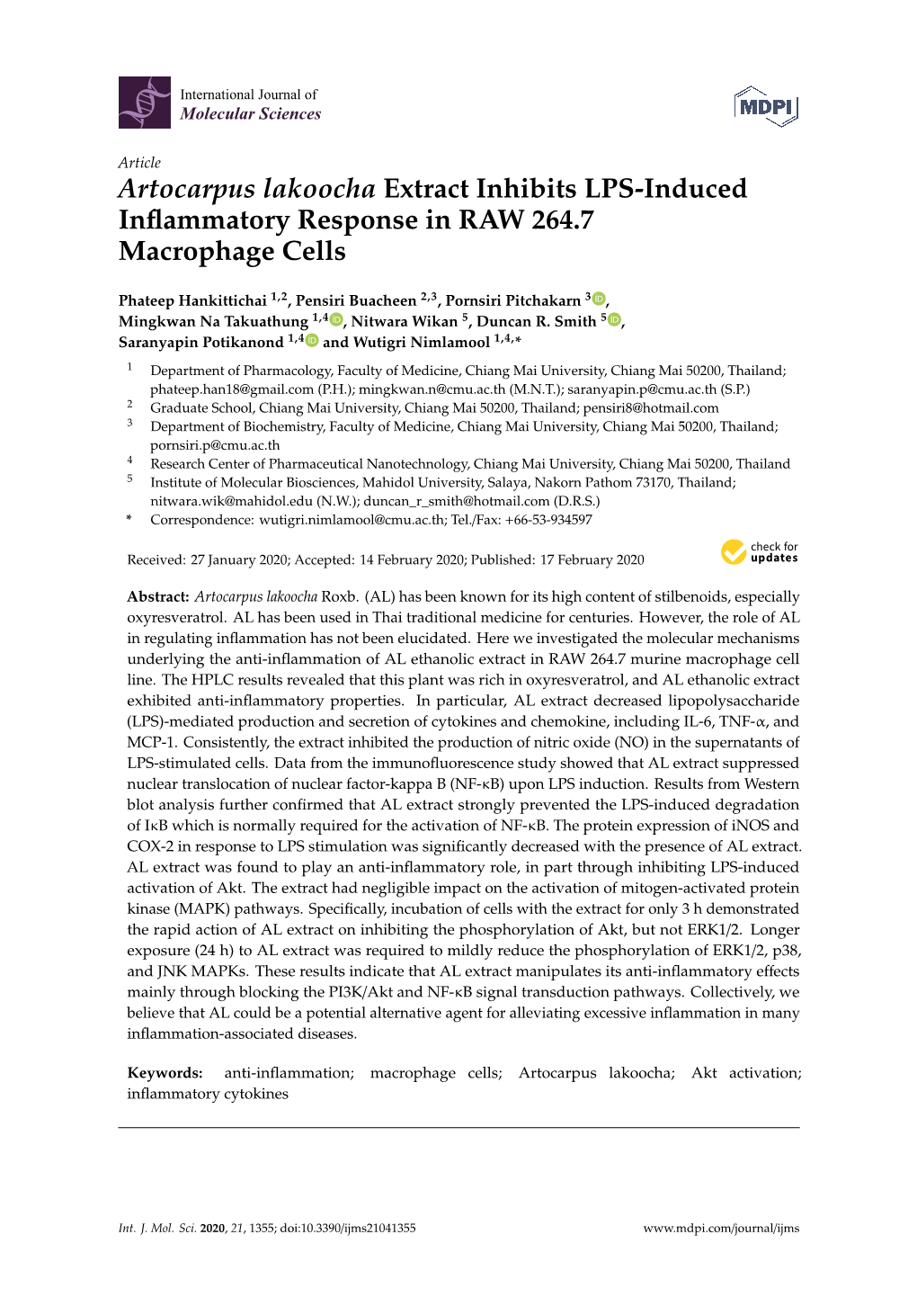 Artocarpus Lakoocha Extract Inhibits LPS-Induced Inflammatory