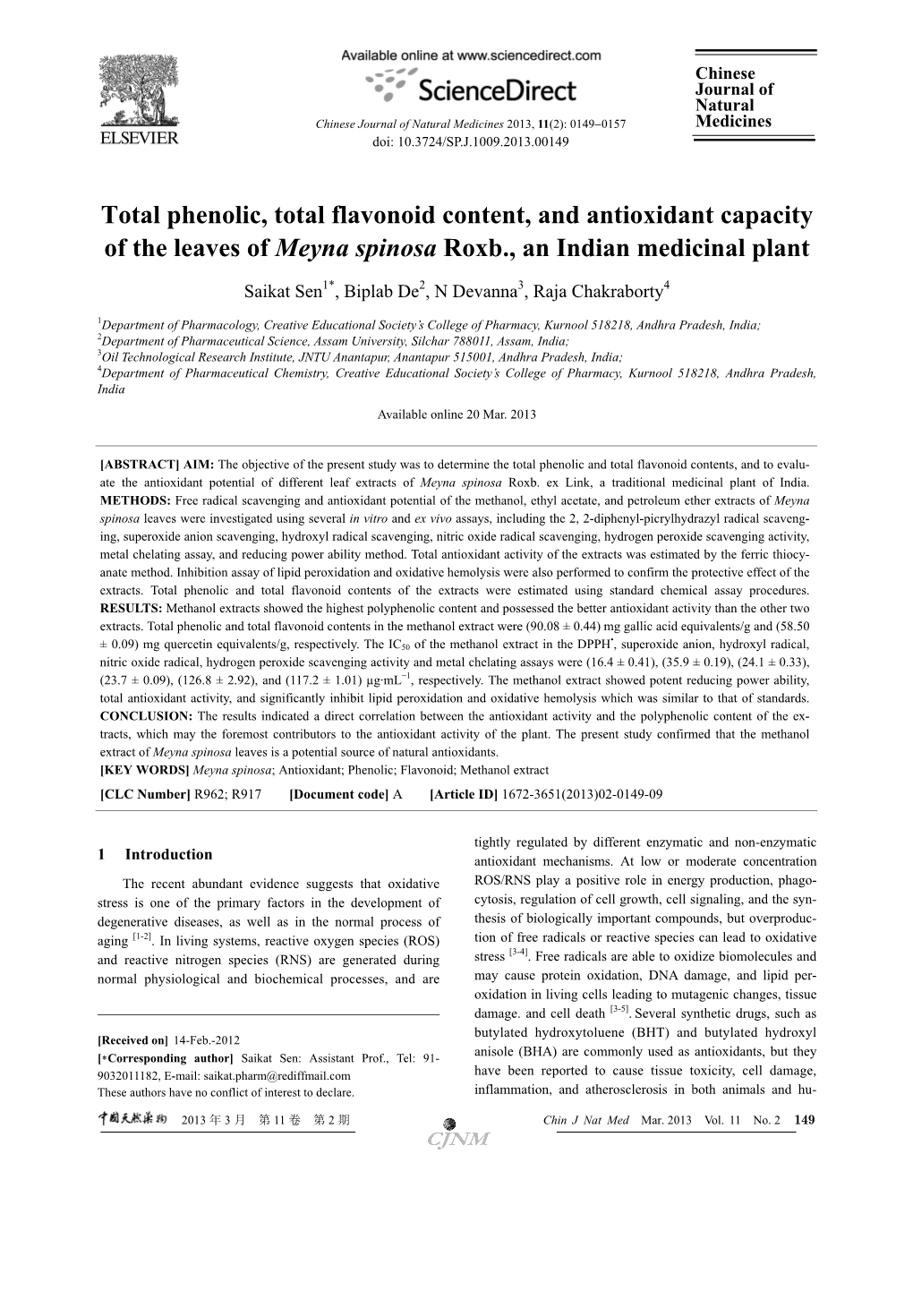 Total Phenolic, Total Flavonoid Content, and Antioxidant Capacity of the Leaves of Meyna Spinosa Roxb., an Indian Medicinal Plant