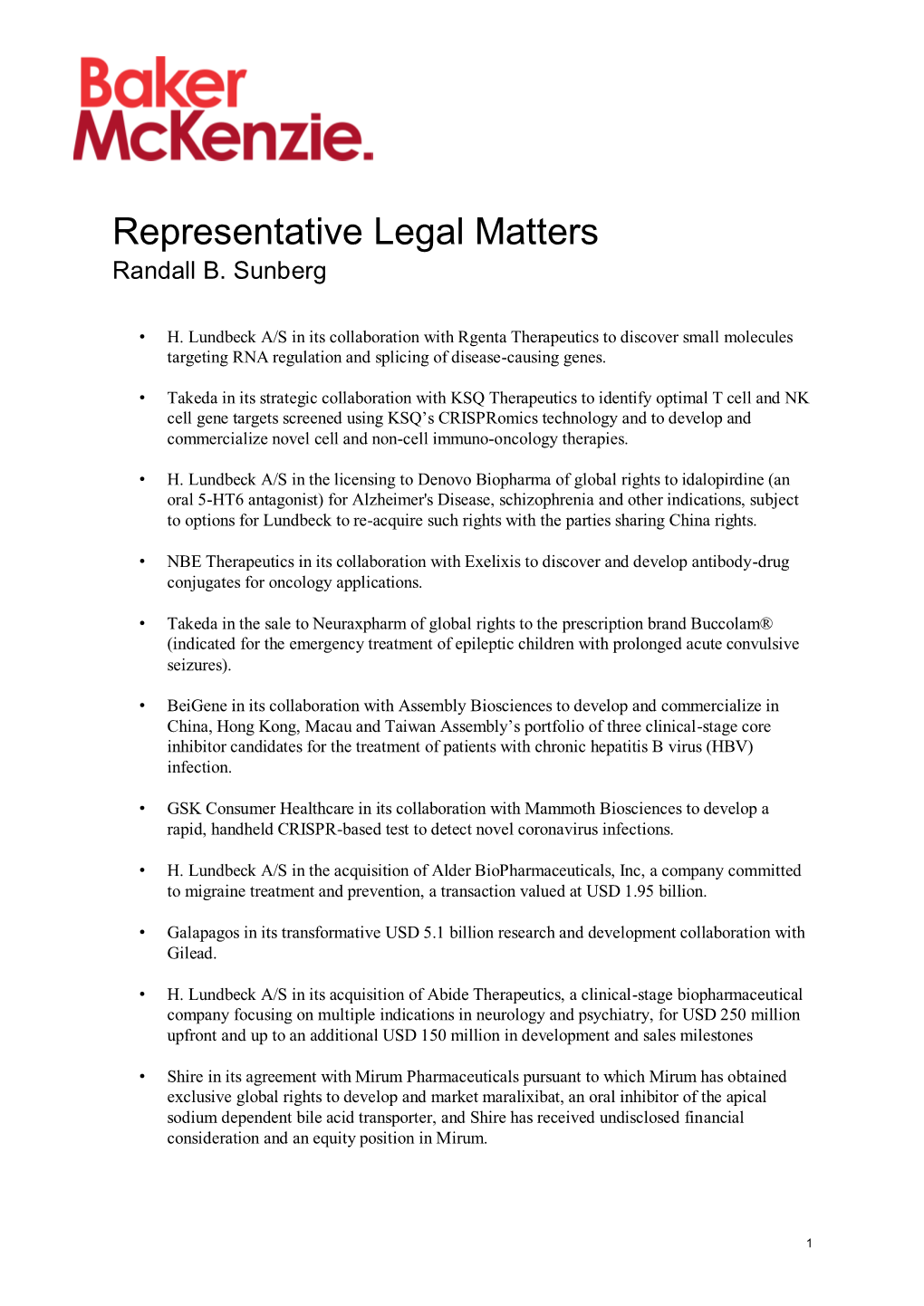Representative Legal Matters Randall B