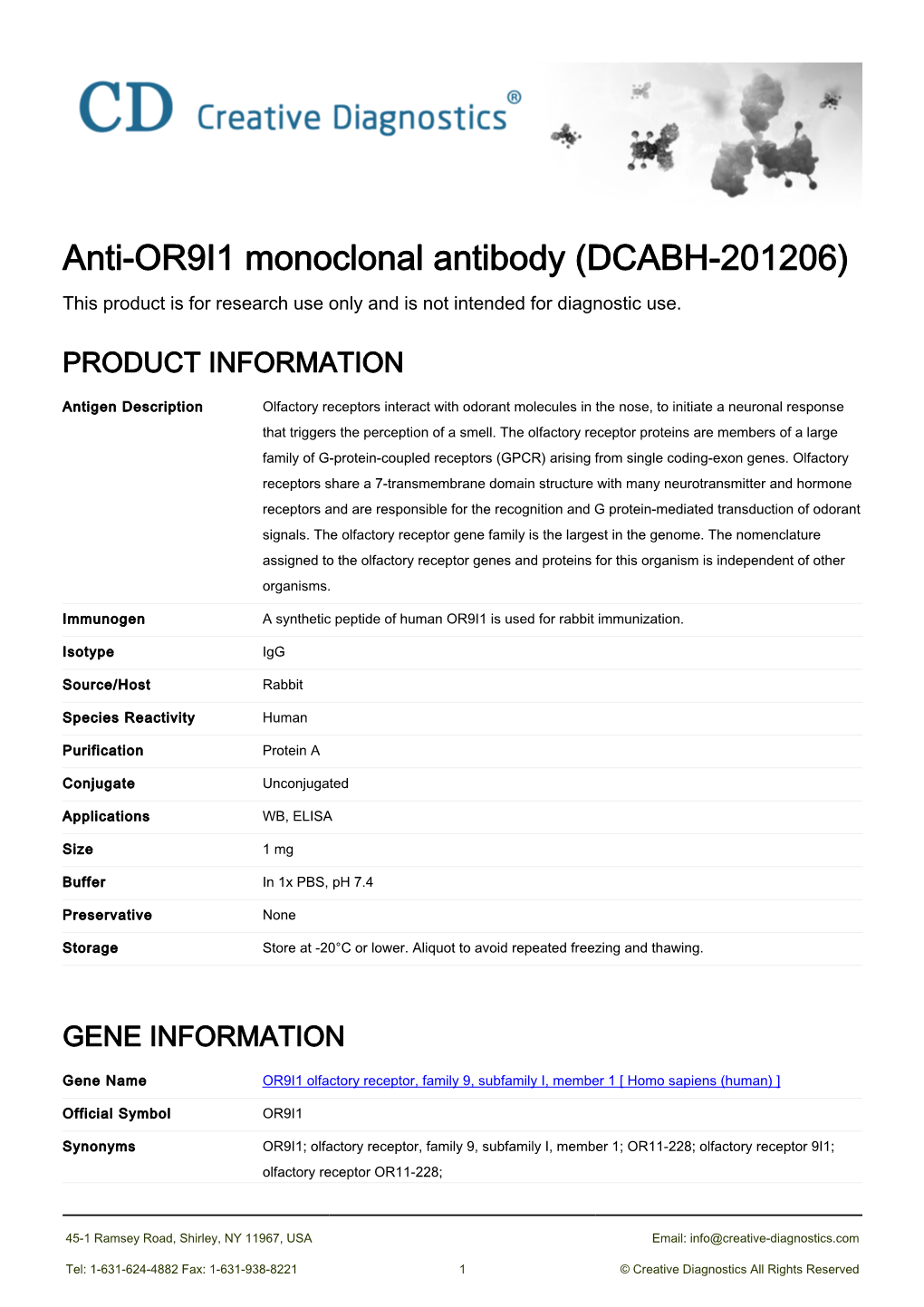Anti-OR9I1 Monoclonal Antibody (DCABH-201206) This Product Is for Research Use Only and Is Not Intended for Diagnostic Use