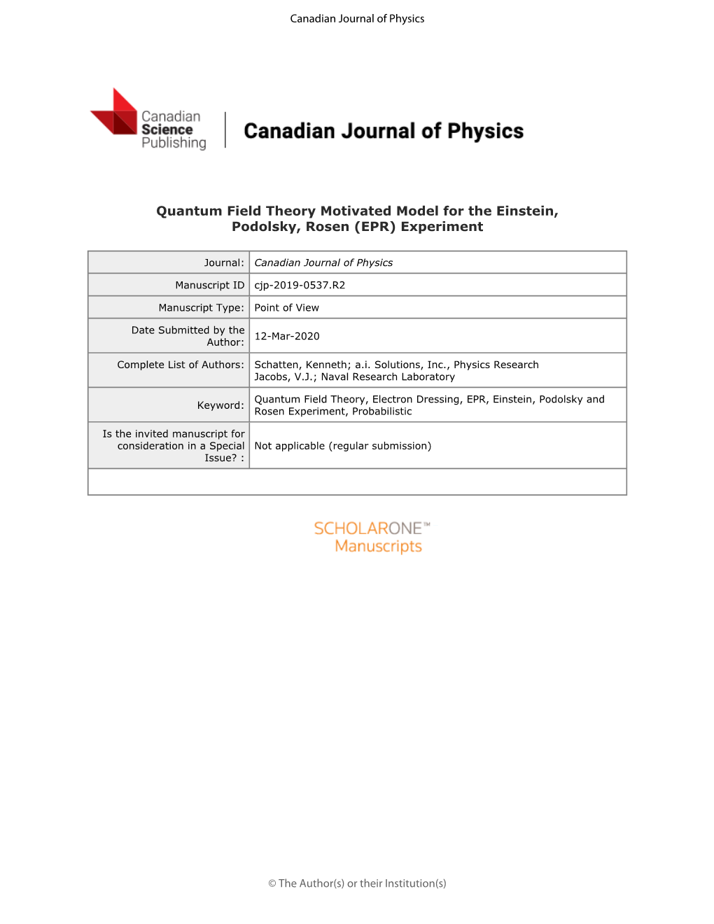 Quantum Field Theory Motivated Model for the Einstein, Podolsky, Rosen (EPR) Experiment