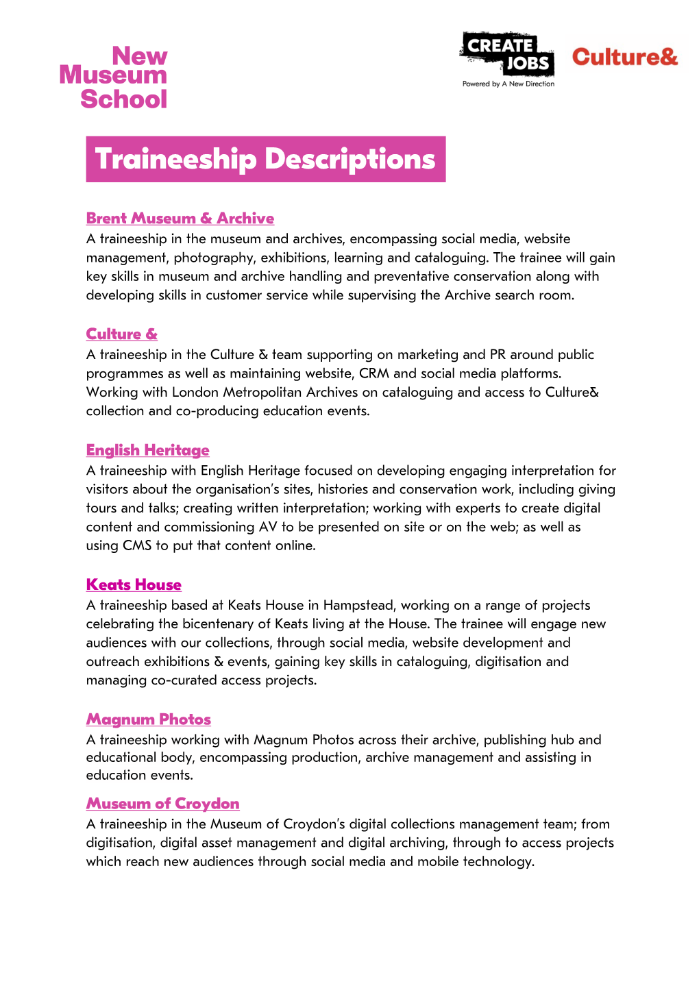 Traineeship Descriptions