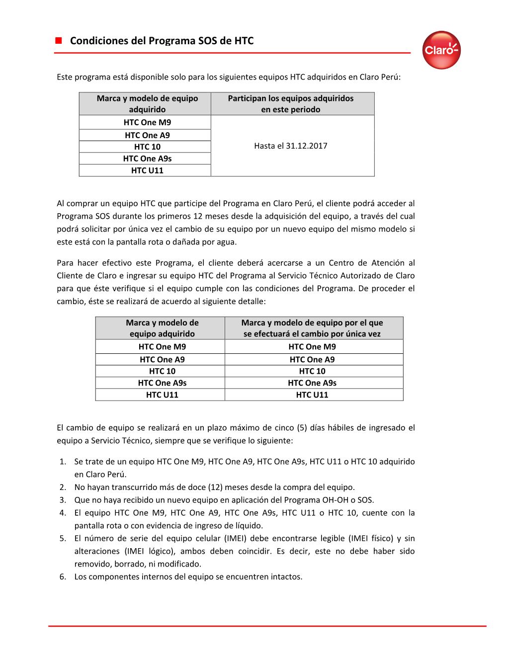 Condiciones Del Programa SOS De HTC