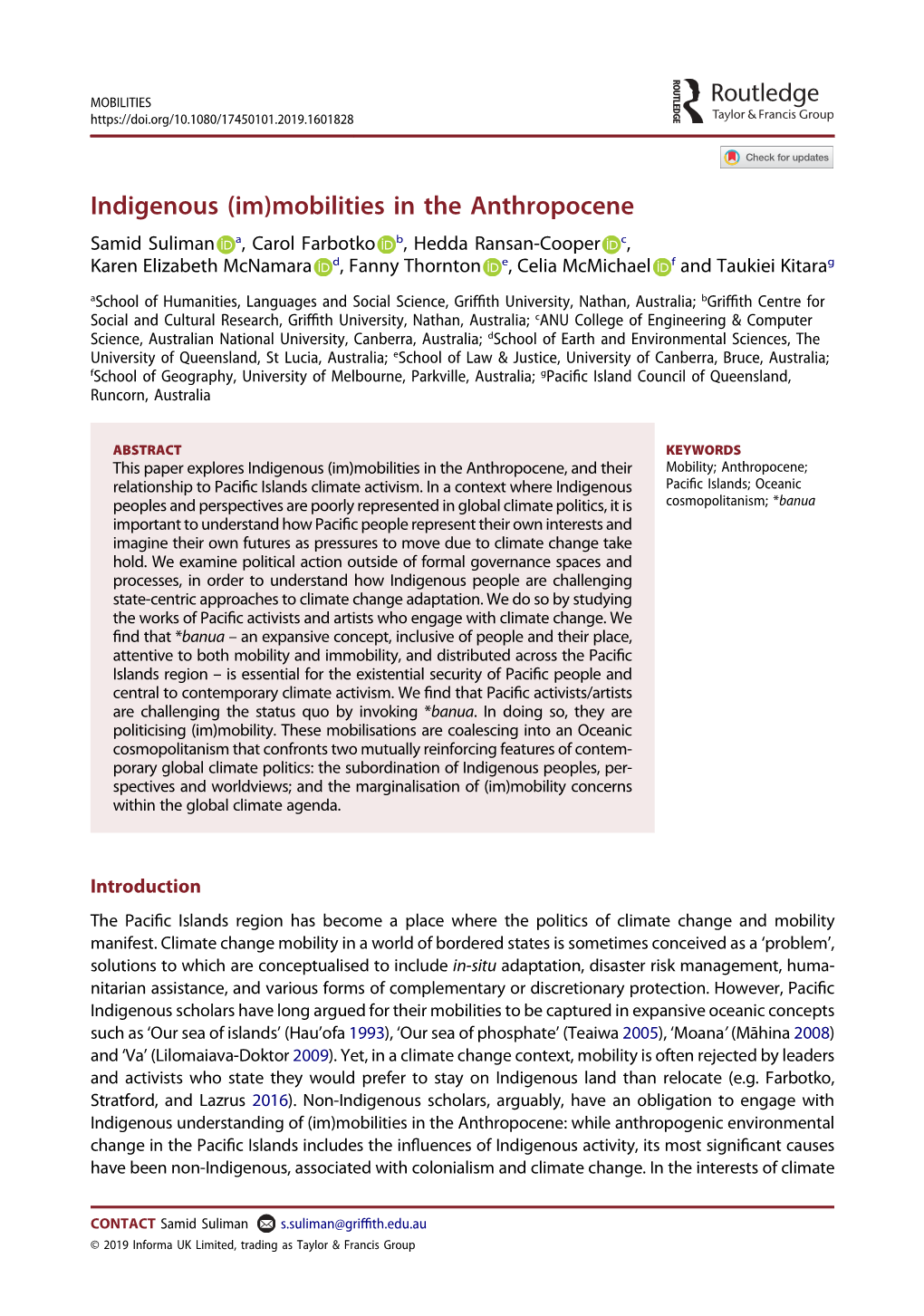 Indigenous (Im)Mobilities in the Anthropocene