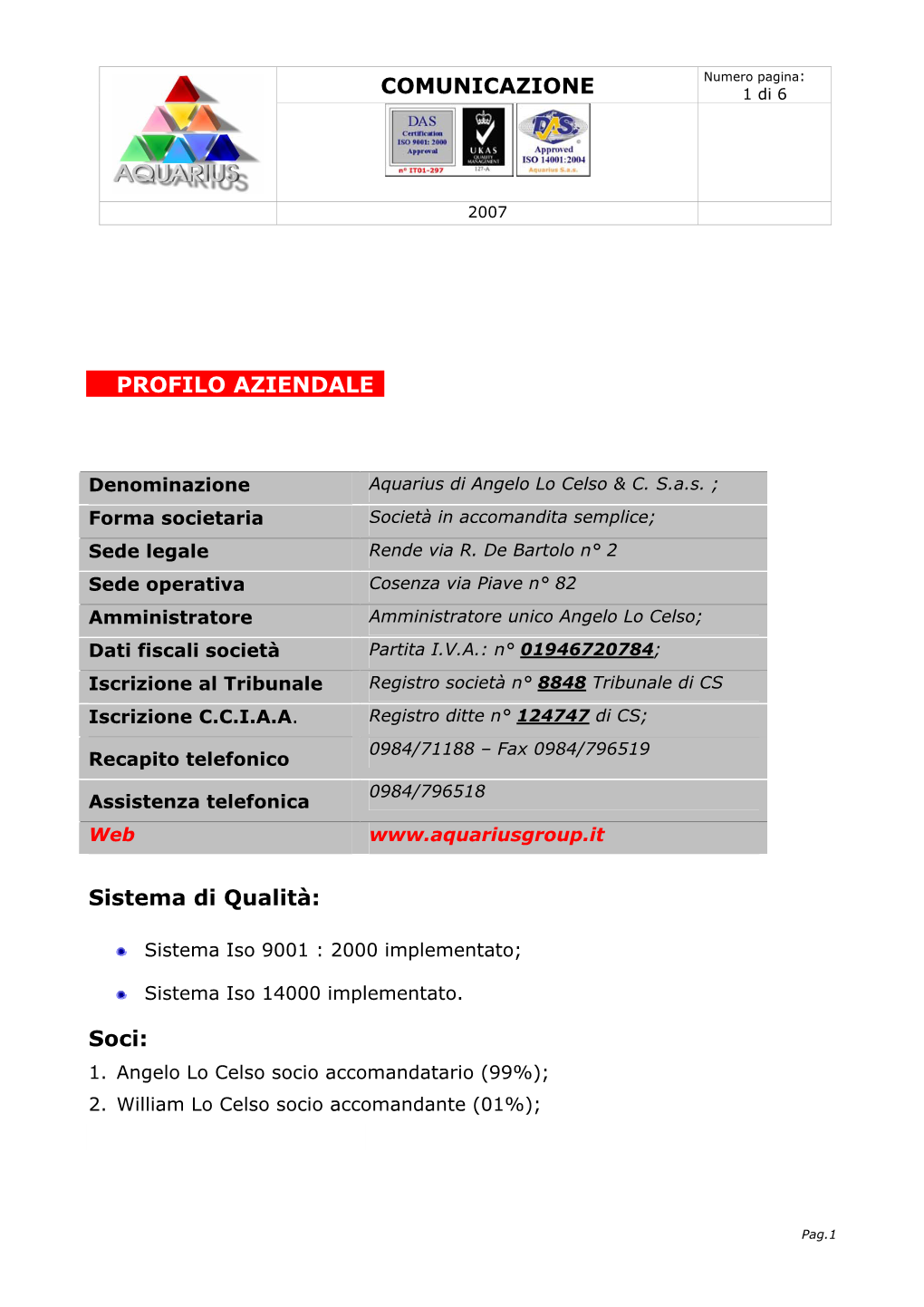 COMUNICAZIONE PROFILO AZIENDALE Sistema Di Qualità: Soci