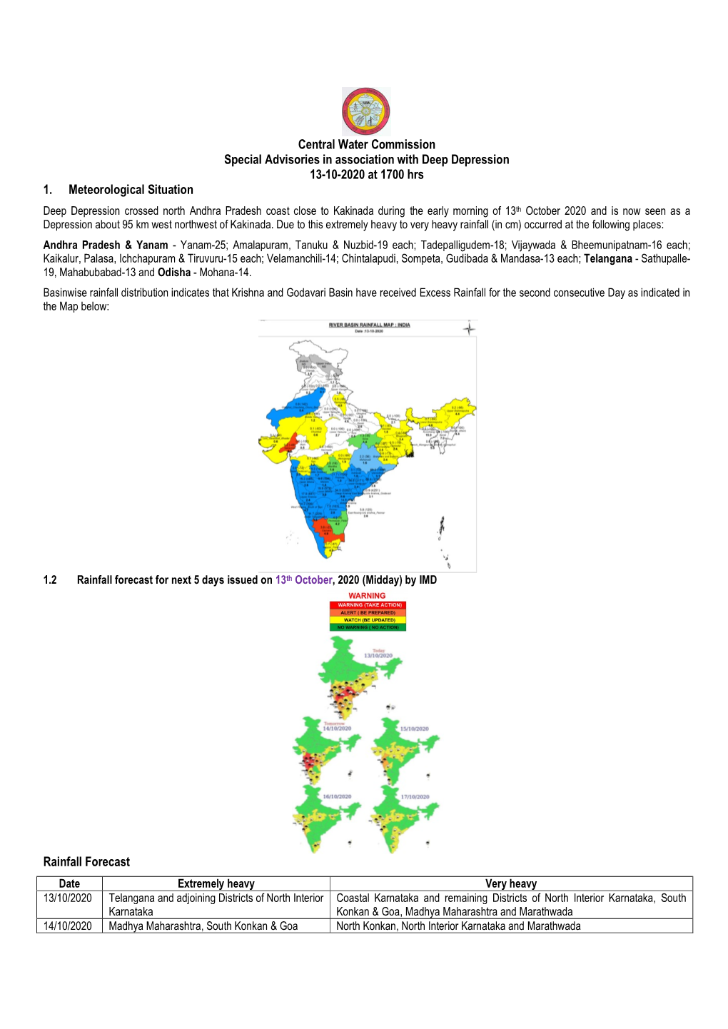 Central Water Commission Special Advisories in Association with Deep Depression 13-10-2020 at 1700 Hrs 1. Meteorological Situation