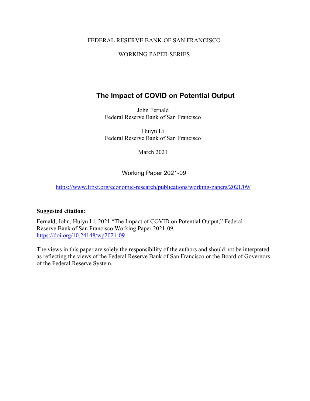 The Impact of COVID on Potential Output