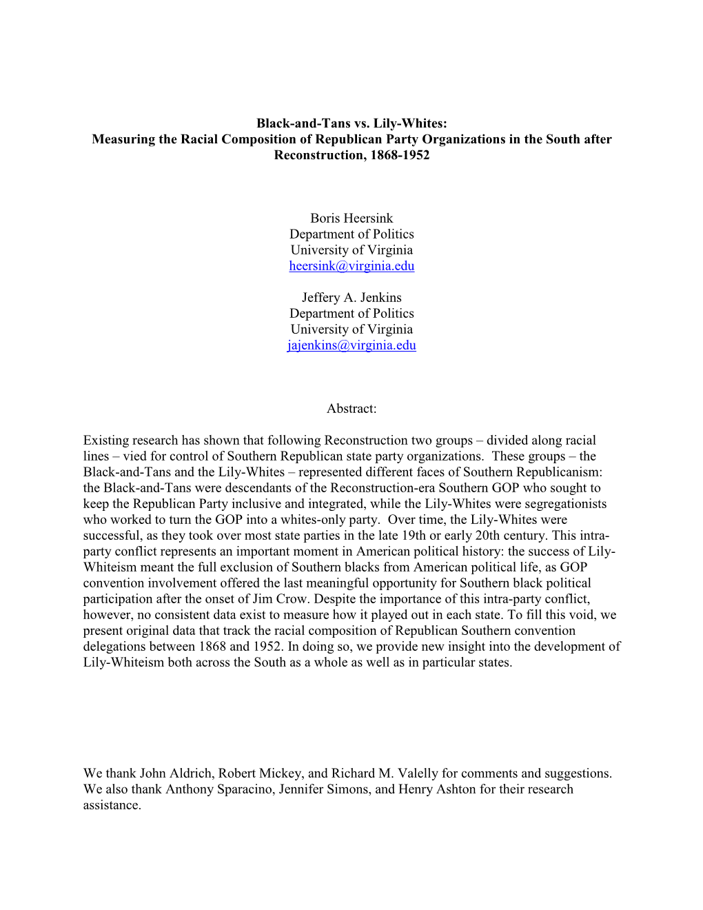 Black-And-Tans Vs. Lily-Whites: Measuring the Racial Composition of Republican Party Organizations in the South After Reconstruction, 1868-1952