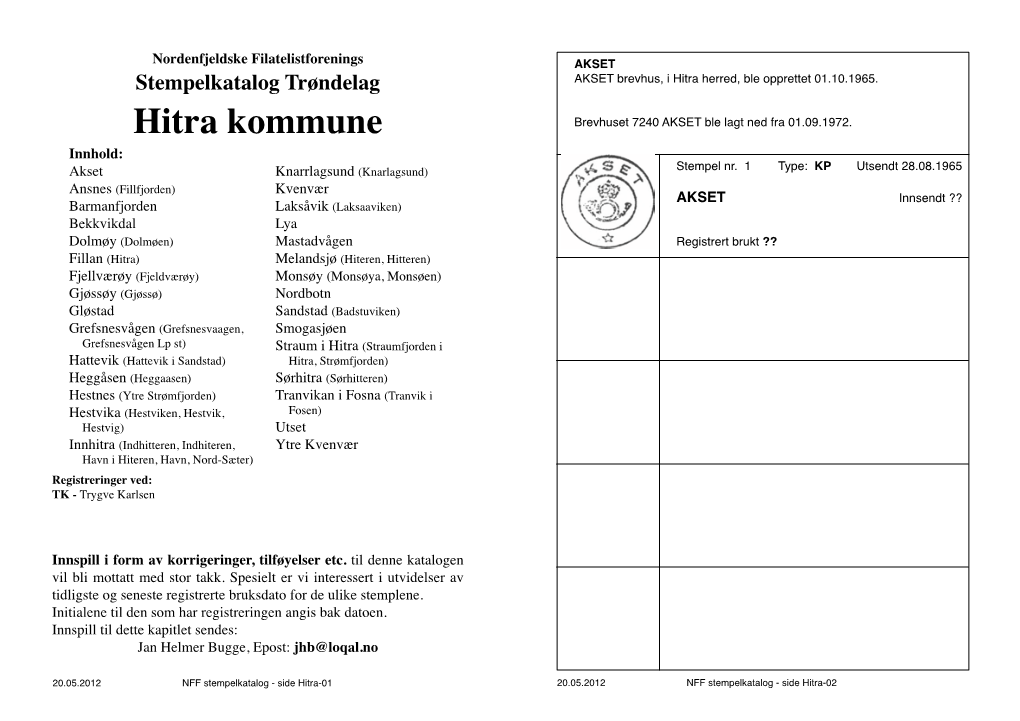 Hitra Kommune Brevhuset 7240 AKSET Ble Lagt Ned Fra 01.09.1972