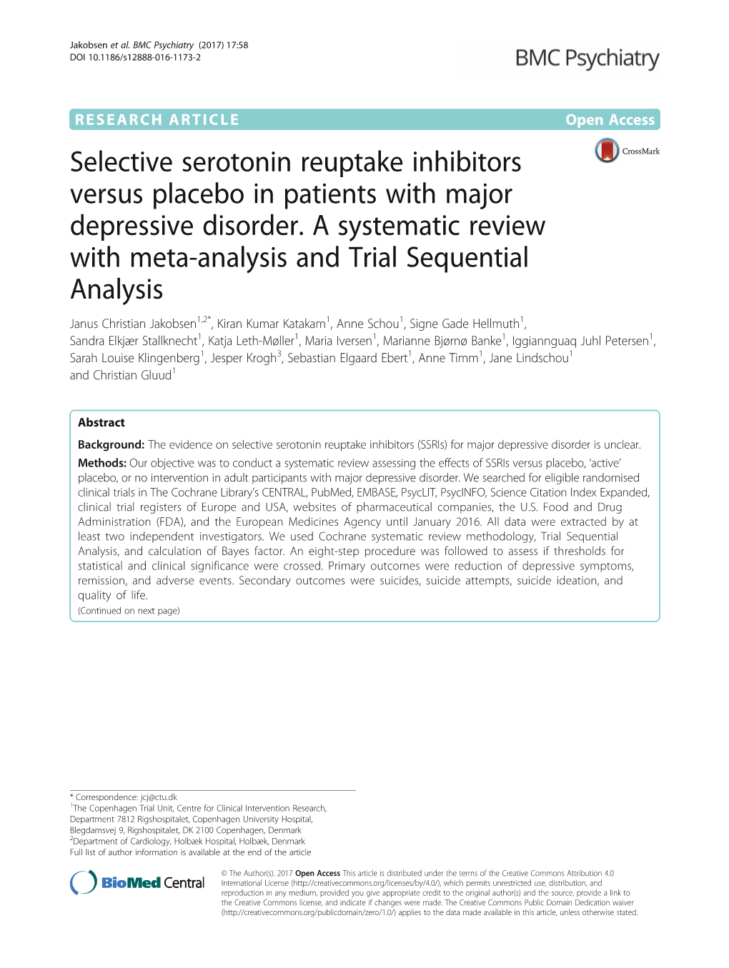 Selective Serotonin Reuptake Inhibitors Versus Placebo in Patients with Major Depressive Disorder