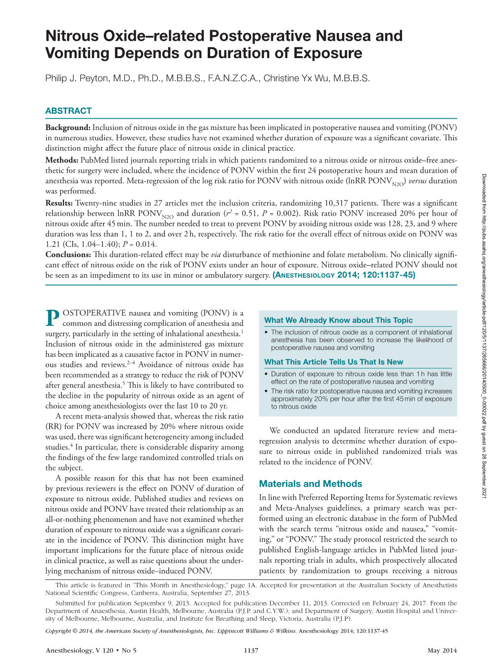 Nitrous Oxide–Related Postoperative Nausea and Vomiting Depends on Duration of Exposure