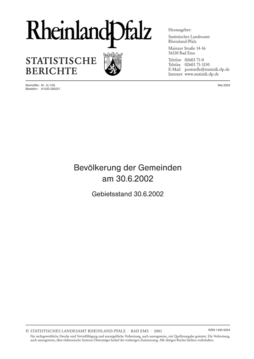 Bevölkerung Der Gemeinden (1. Hj. 2002)