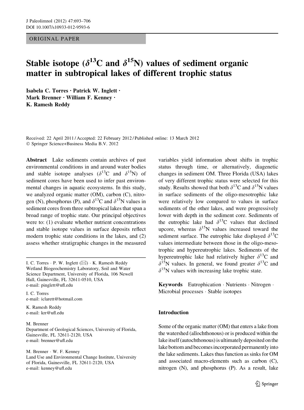 Stable Isotope (D13c and D15n) Values of Sediment Organic Matter in Subtropical Lakes of Different Trophic Status