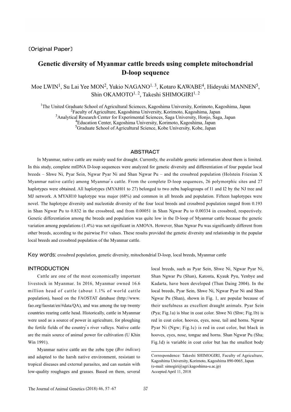 Genetic Diversity of Myanmar Cattle Breeds Using Complete Mitochondrial D-Loop Sequence