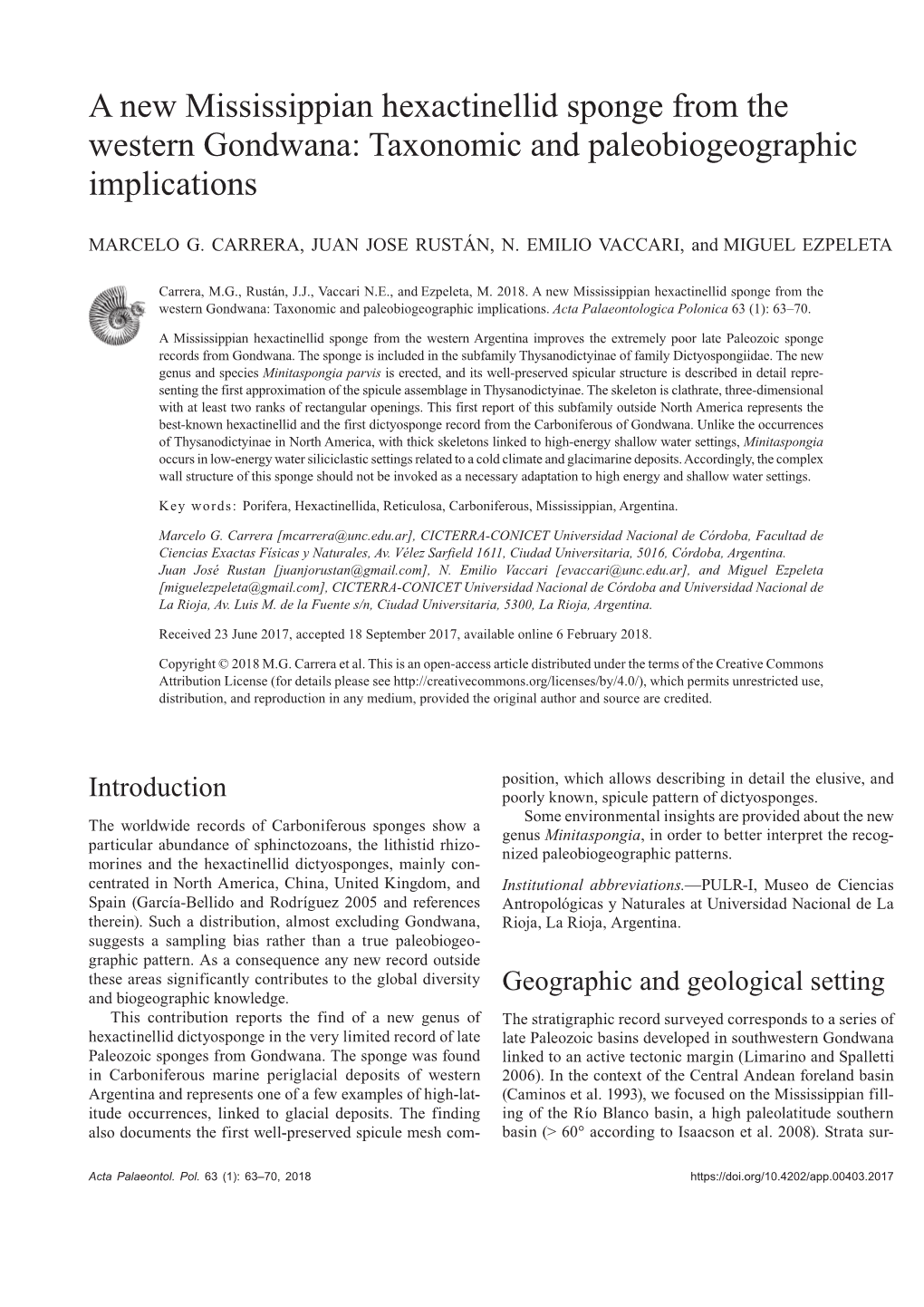 A New Mississippian Hexactinellid Sponge from the Western Gondwana: Taxonomic and Paleobiogeographic Implications