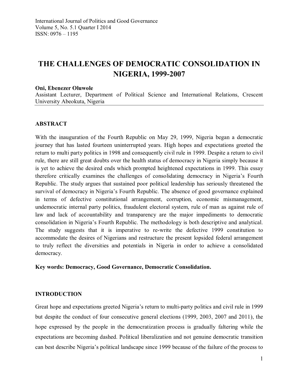 The Challenges of Democratic Consolidation in Nigeria, 1999-2007
