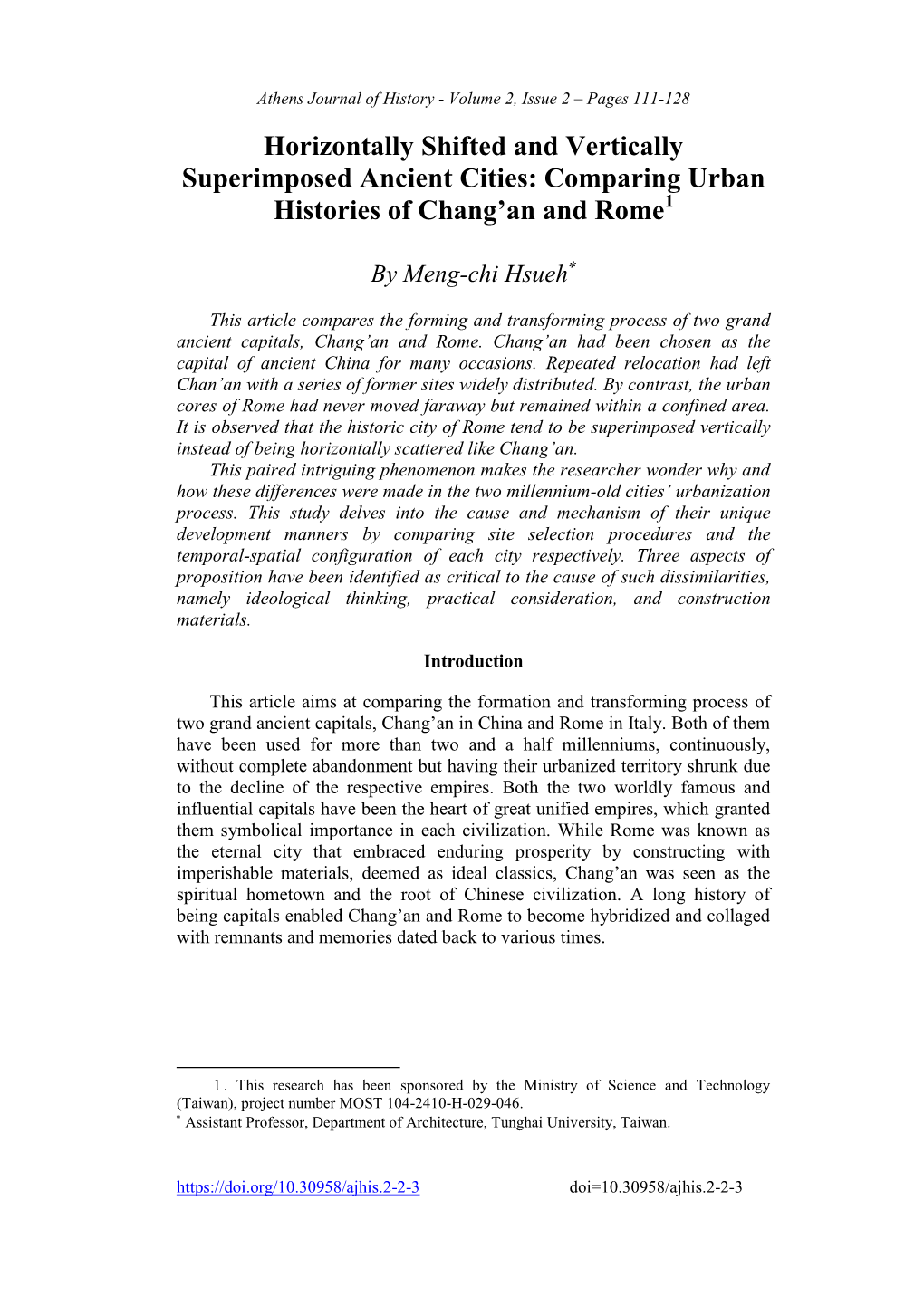 Horizontally Shifted and Vertically Superimposed Ancient Cities: Comparing Urban Histories of Chang’An and Rome1