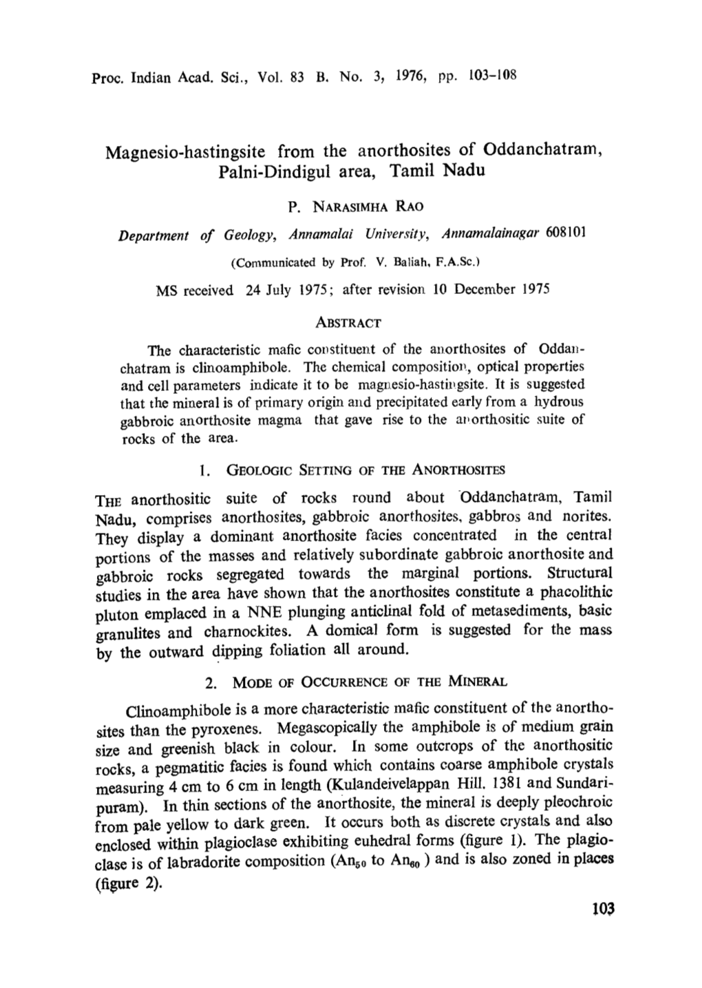 Magnesio-Hastingsite from the Anorthosites of Oddanchatram, Palni-Dindigul Area, Tamil Nadu