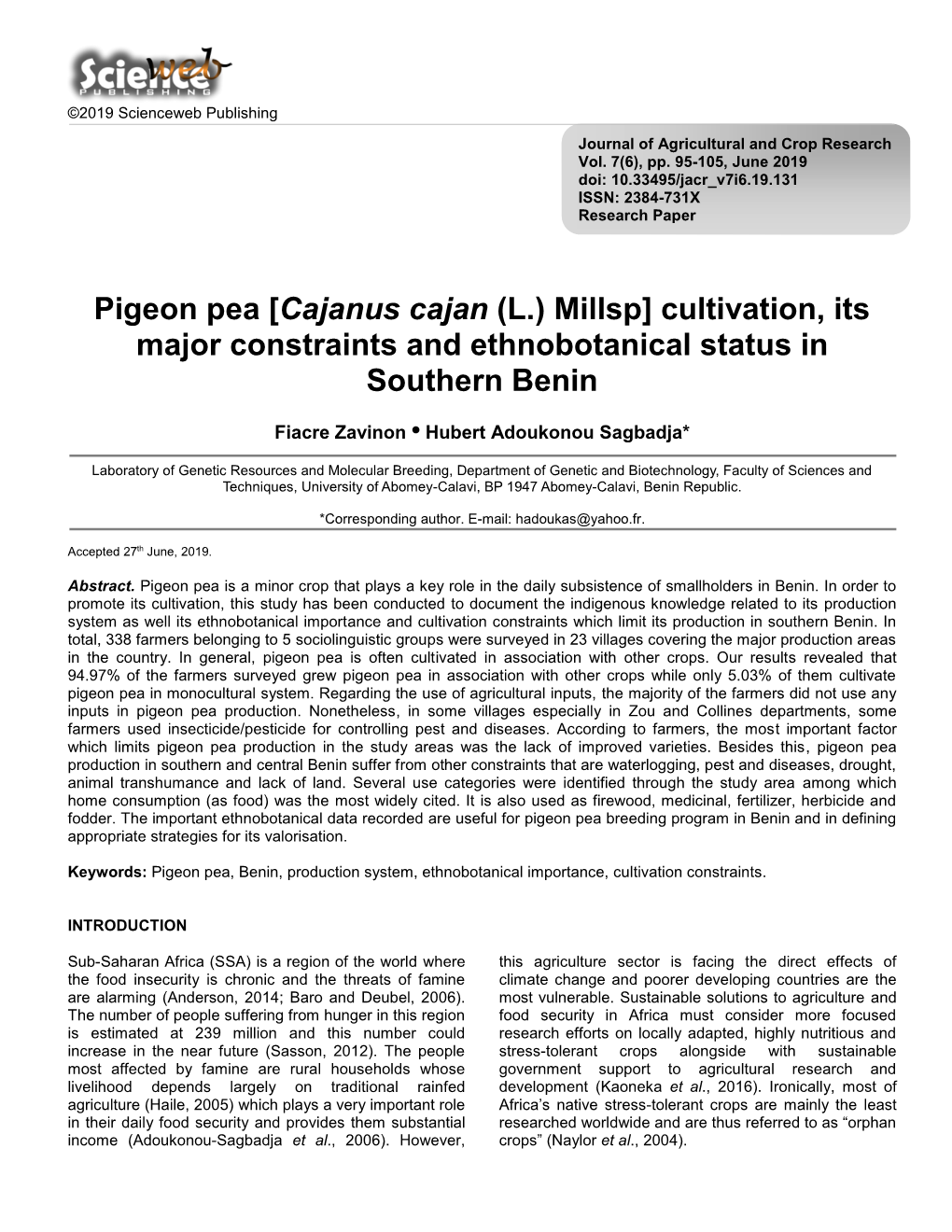 Pigeon Pea [Cajanus Cajan (L.) Millsp] Cultivation, Its Major Constraints and Ethnobotanical Status in Southern Benin