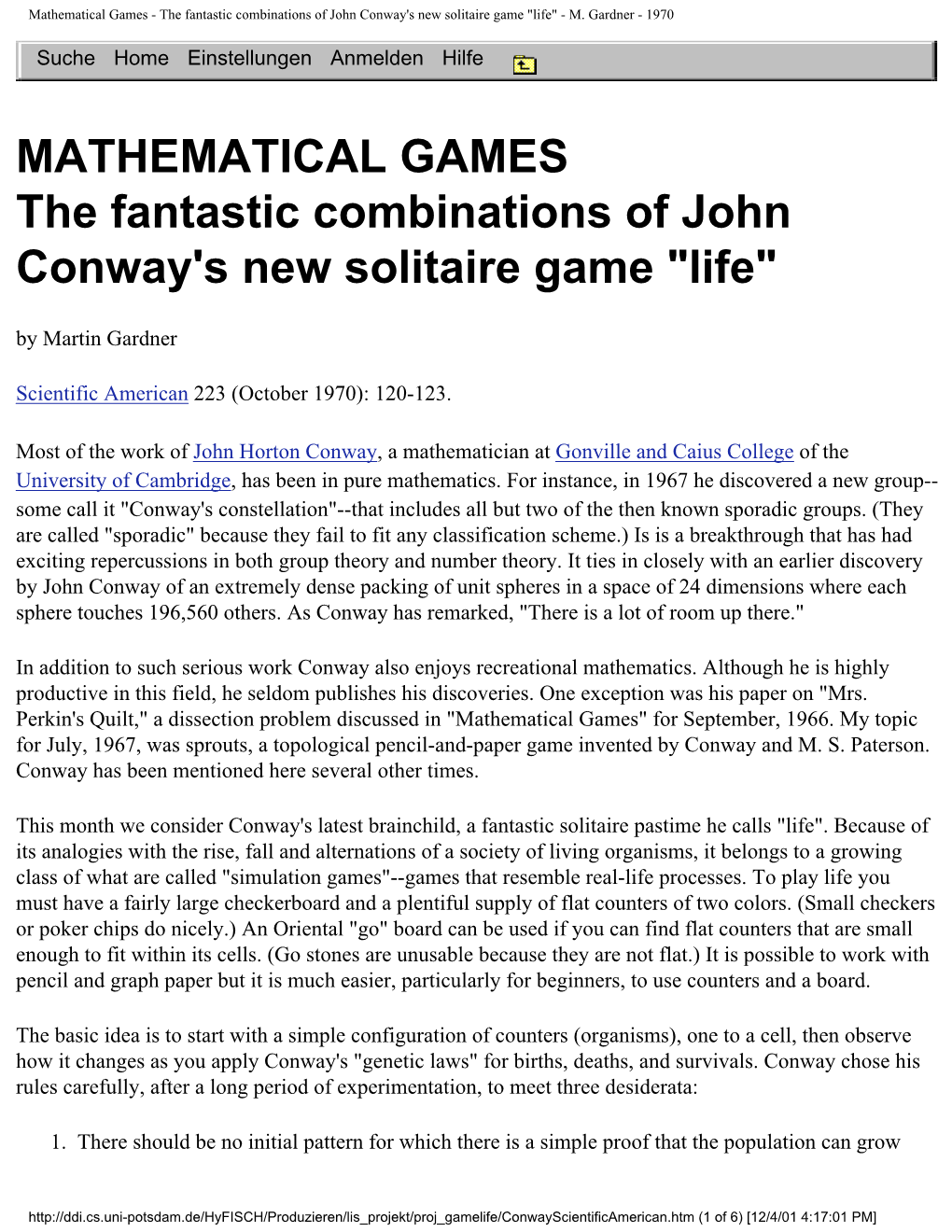 The Fantastic Combinations of John Conway's New Solitaire Game 