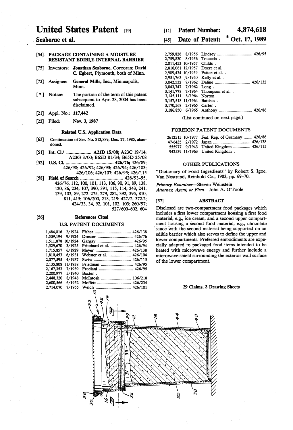 United States Patent (19) 11 Patent Number: 4,874,618 Seaborne Et Al