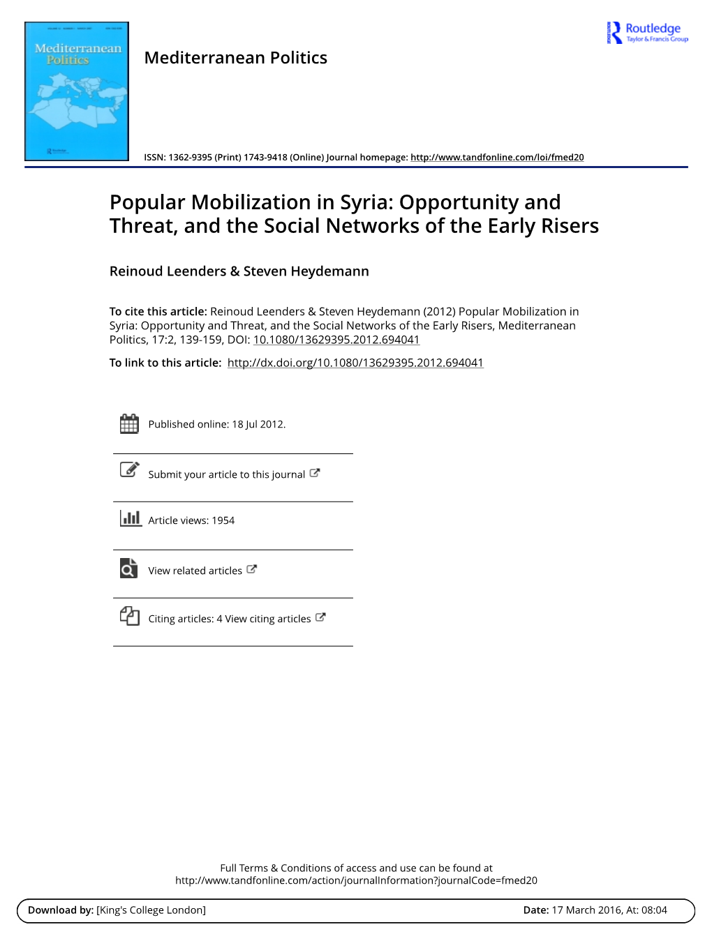 Popular Mobilization in Syria: Opportunity and Threat, and the Social Networks of the Early Risers