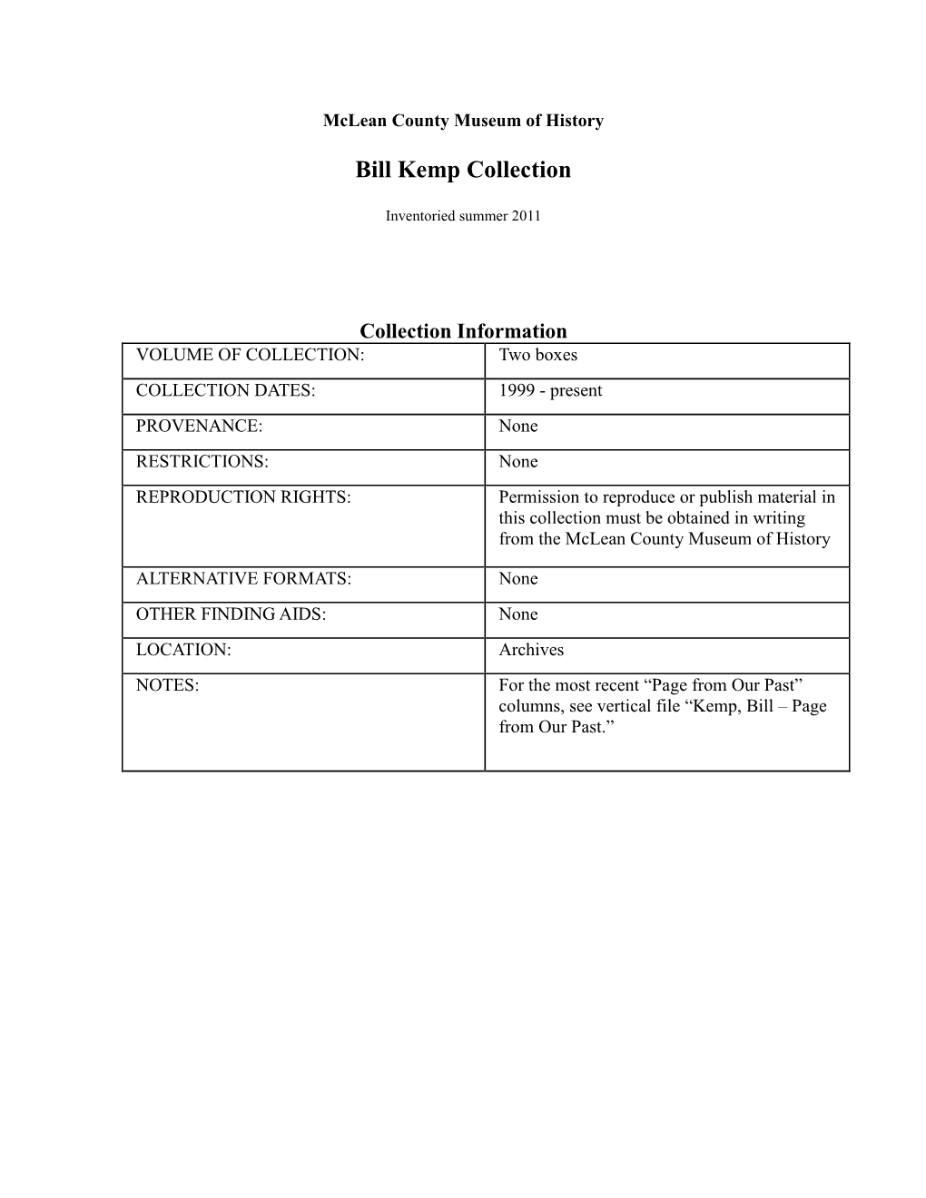 Kemp, Bill Collection