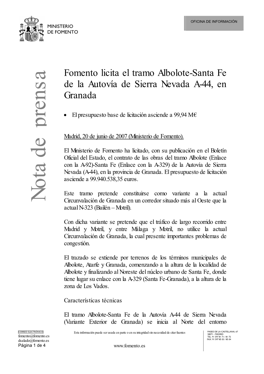 Nota De Prensa Fomento Licita El Tramo Albolote-Santa Fe De La