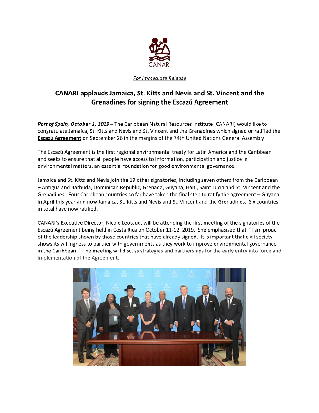 CANARI Applauds Jamaica, St. Kitts and Nevis and St. Vincent and the Grenadines for Signing the Escazú Agreement