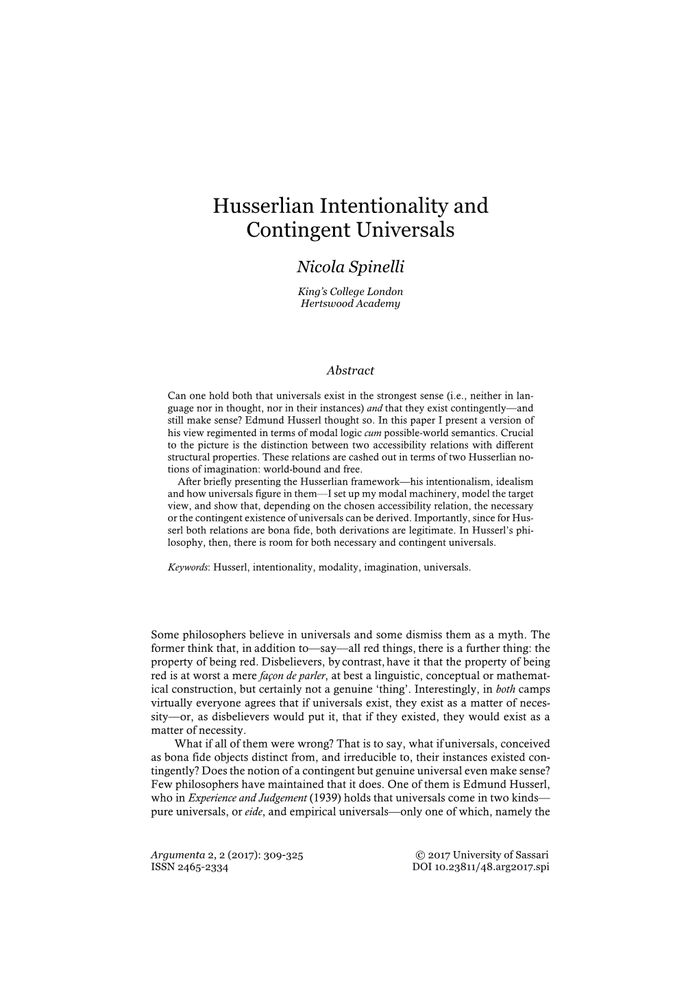 Husserlian Intentionality and Contingent Universals