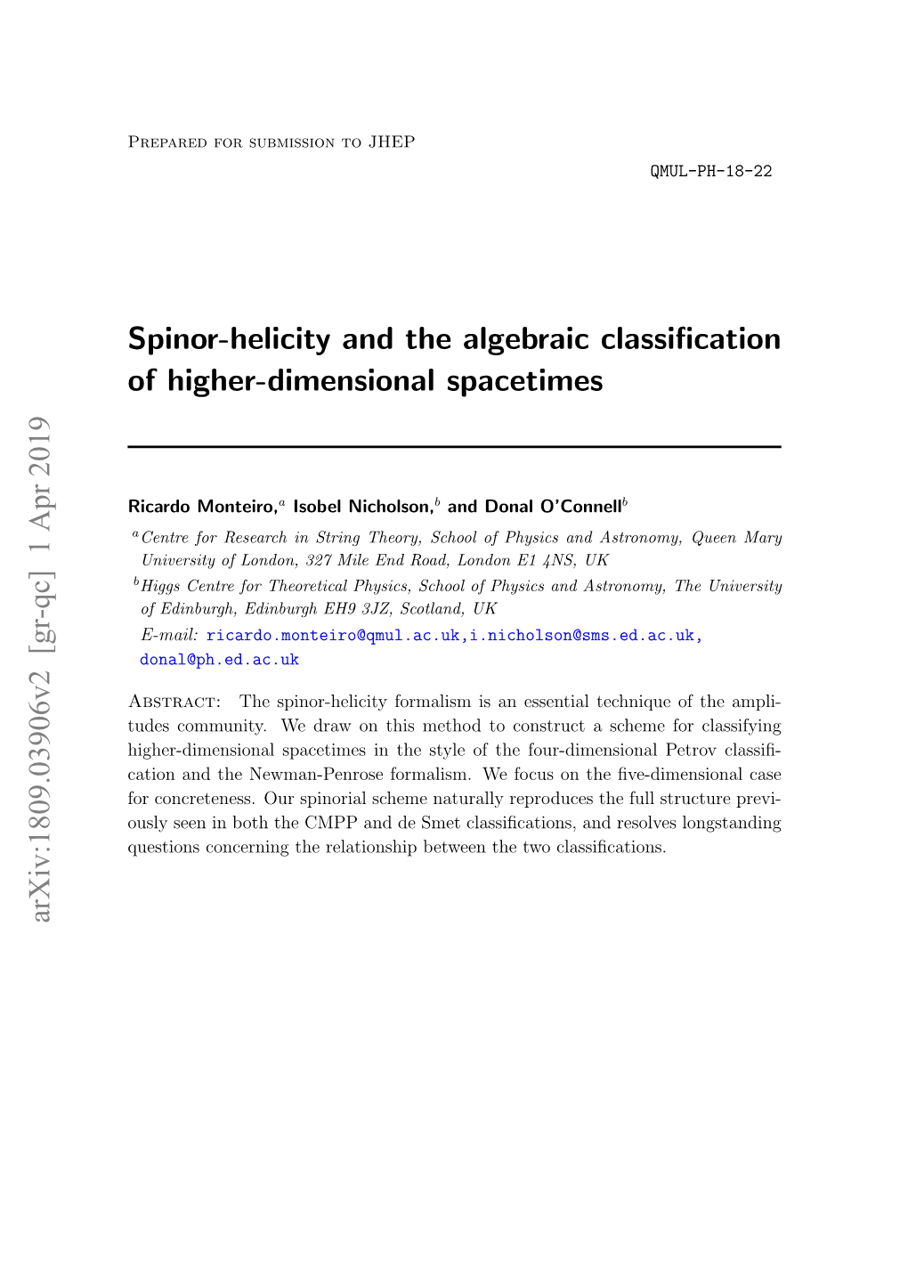 Spinor-Helicity and the Algebraic Classification of Higher-Dimensional Spacetimes Arxiv:1809.03906V2 [Gr-Qc] 1 Apr 2019