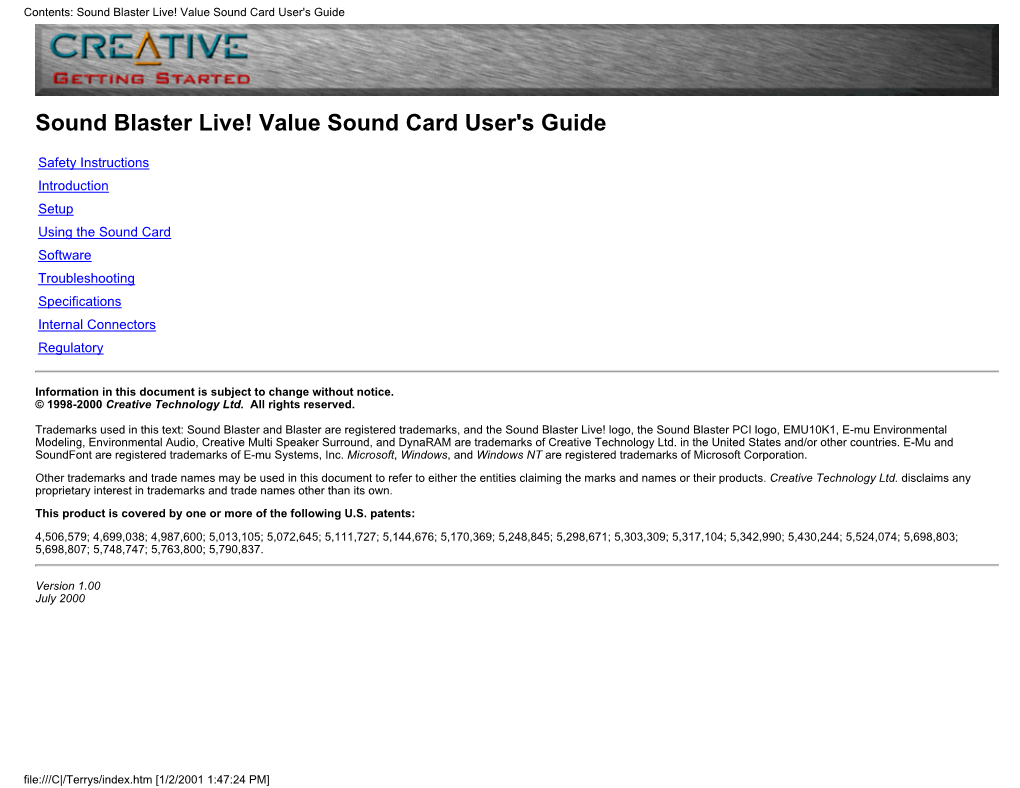 Contents: Sound Blaster Live! Value Sound Card User's Guide