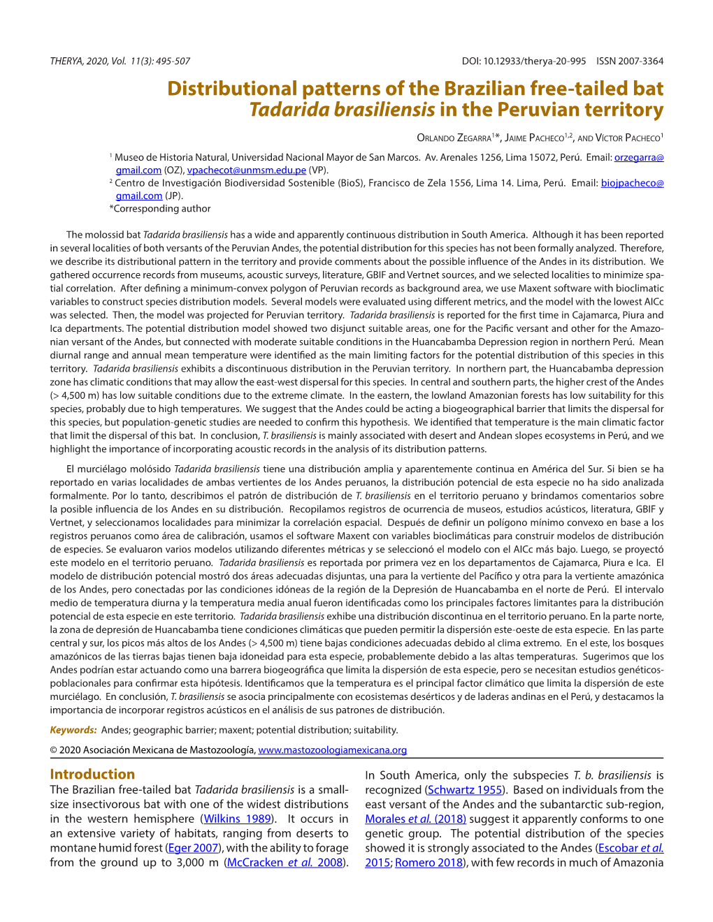 Distributional Patterns of the Brazilian Free-Tailed Bat Tadarida Brasiliensis in the Peruvian Territory