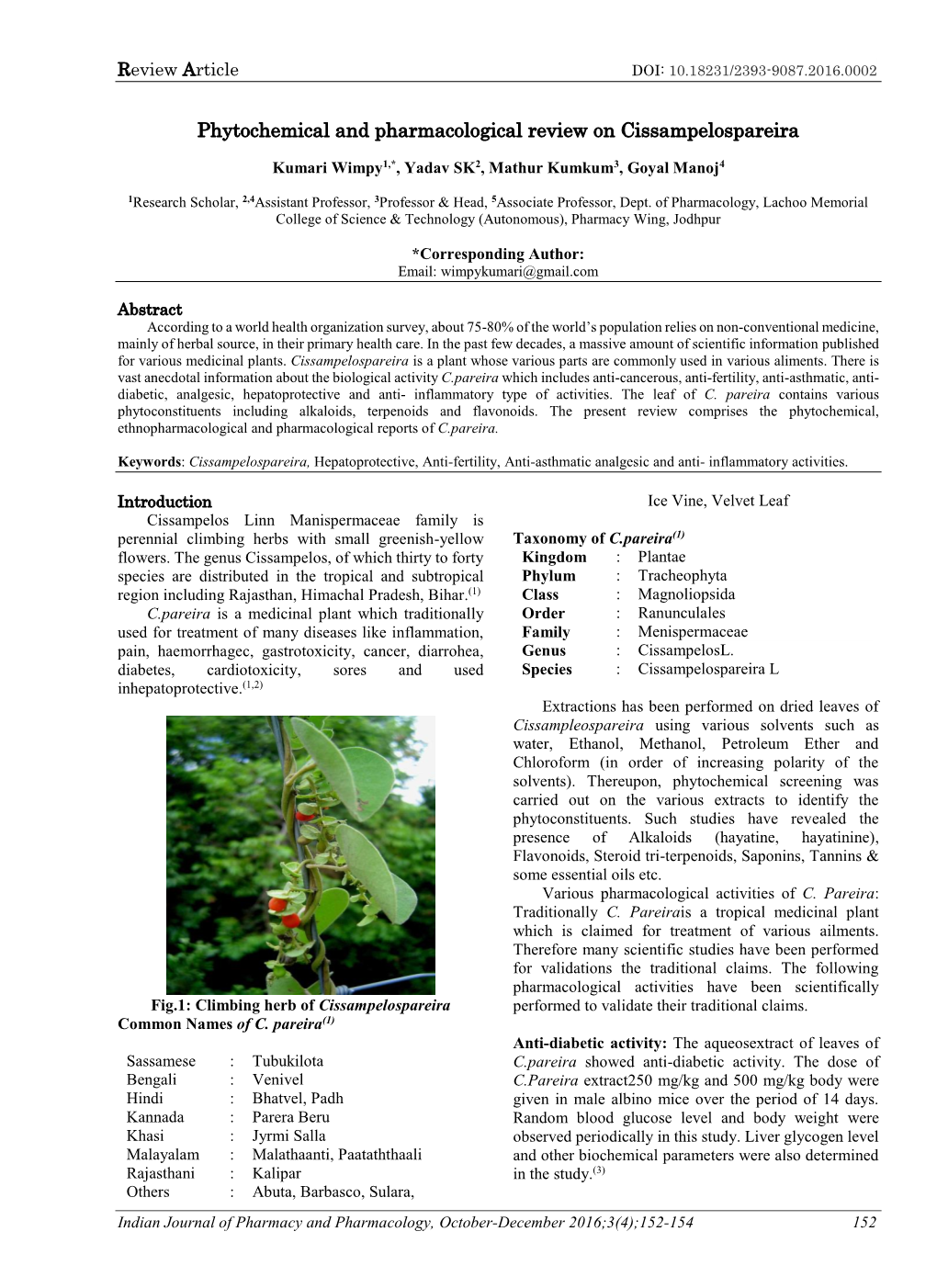Phytochemical and Pharmacological Review on Cissampelospareira