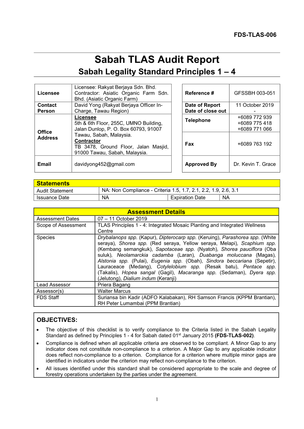 Sabah TLAS Audit Report Sabah Legality Standard Principles 1 – 4