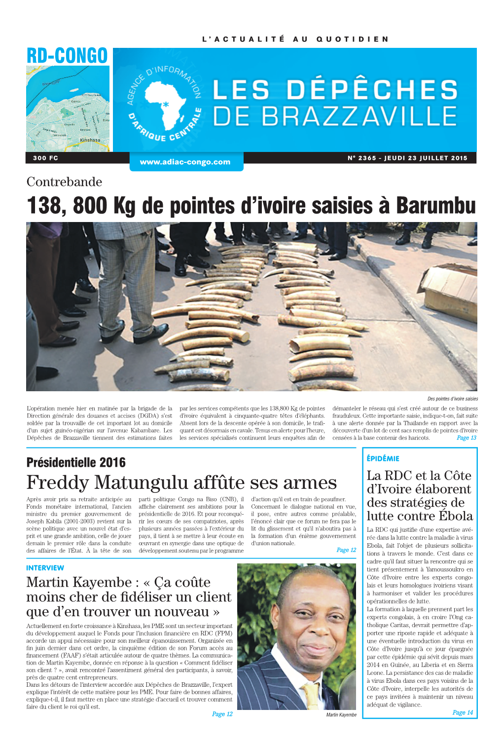 138, 800 Kg De Pointes D'ivoire Saisies À Barumbu