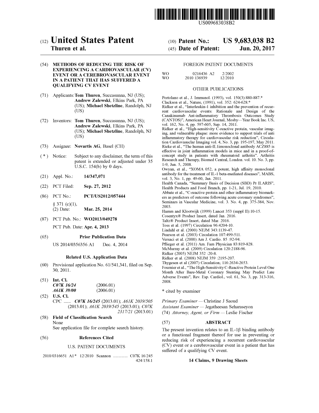 (12) United States Patent (10) Patent No.: US 9,683,038 B2 Thuren Et Al