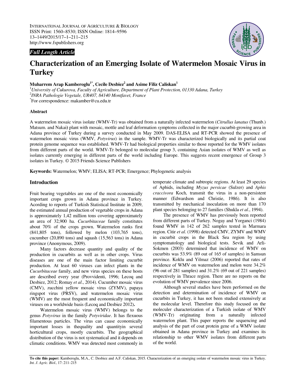 Characterization of an Emerging Isolate of Watermelon Mosaic Virus in Turkey