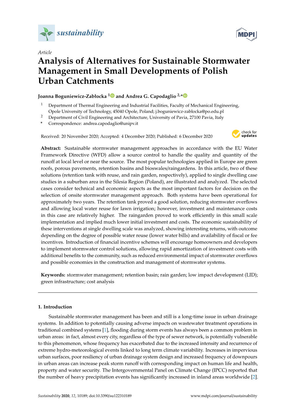Analysis of Alternatives for Sustainable Stormwater Management in Small Developments of Polish Urban Catchments