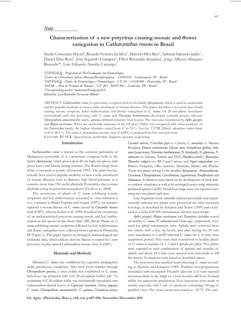 Characterization of a New Potyvirus Causing Mosaic and Flower Variegation in Catharanthus Roseus in Brazil