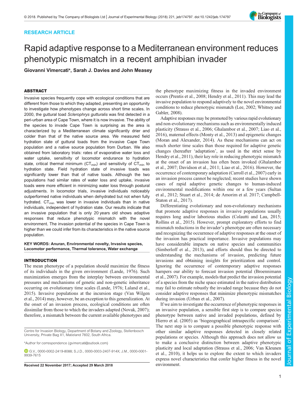 Rapid Adaptive Response to a Mediterranean Environment Reduces Phenotypic Mismatch in a Recent Amphibian Invader Giovanni Vimercati*, Sarah J