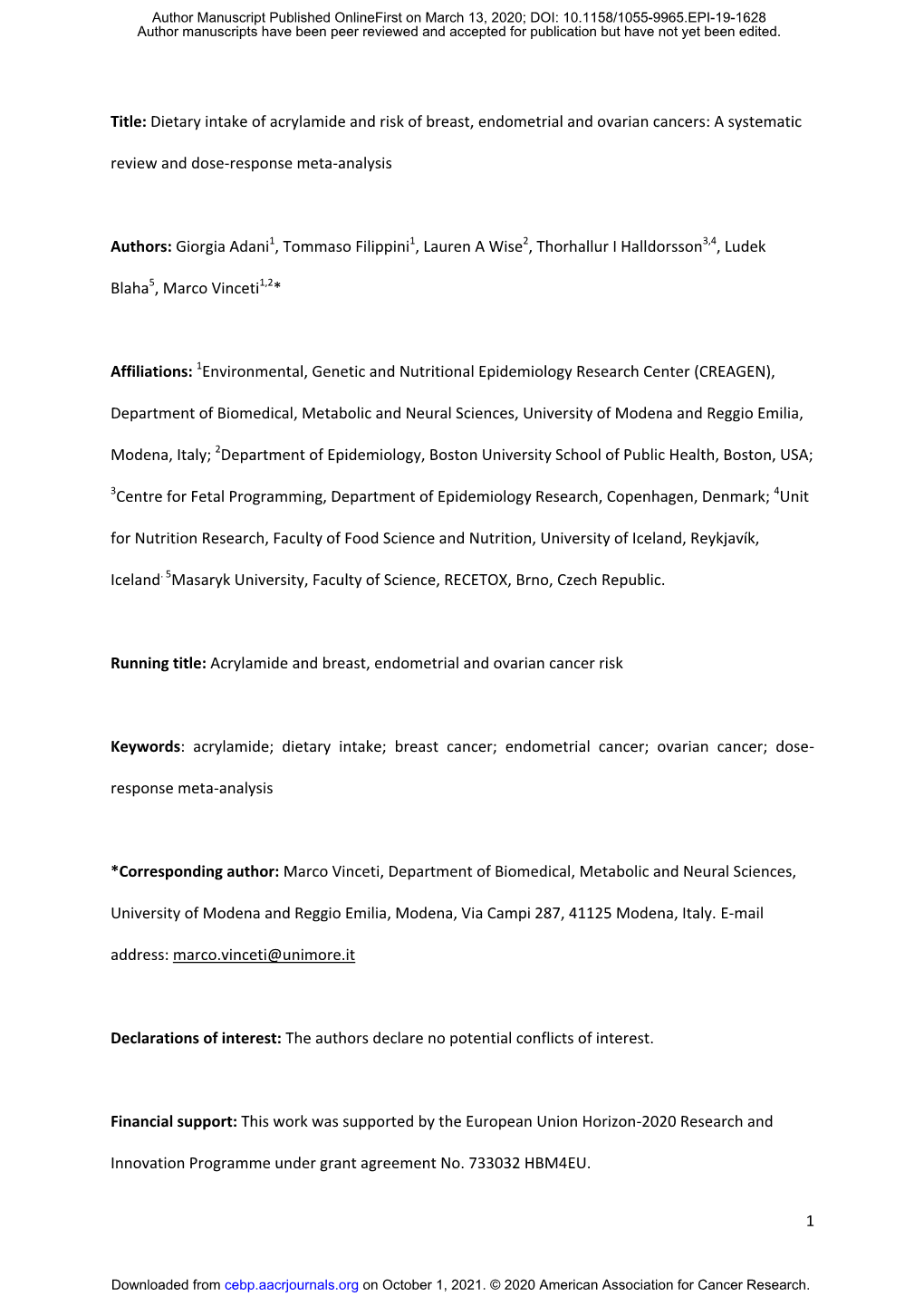 Dietary Intake of Acrylamide and Risk of Breast, Endometrial and Ovarian Cancers: a Systematic Review and Dose-Response Meta-Analysis