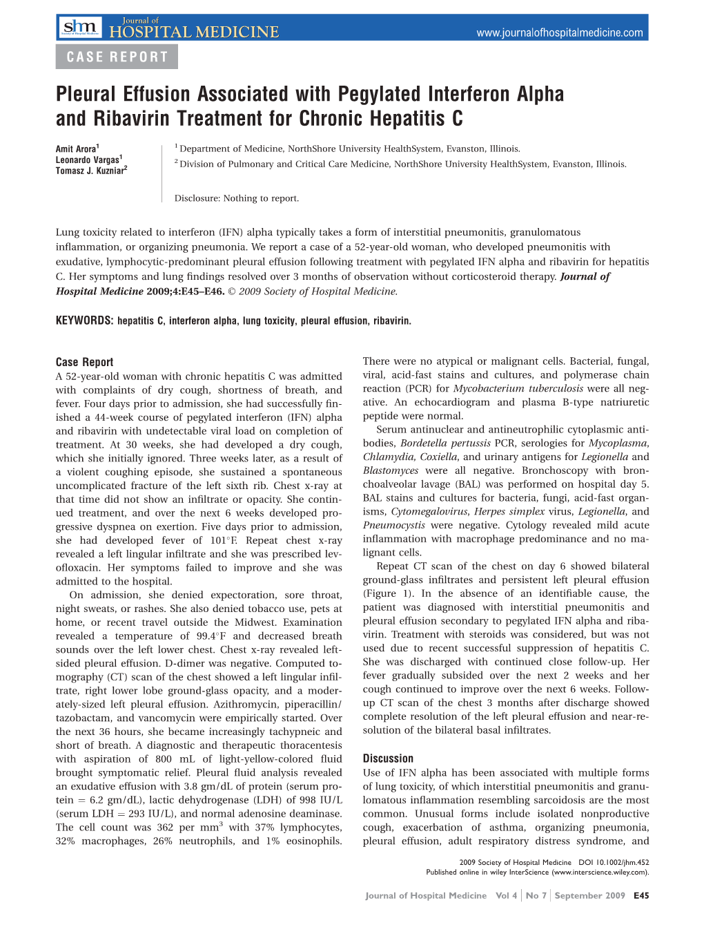 Pleural Effusion Associated with Pegylated Interferon Alpha and Ribavirin Treatment for Chronic Hepatitis C