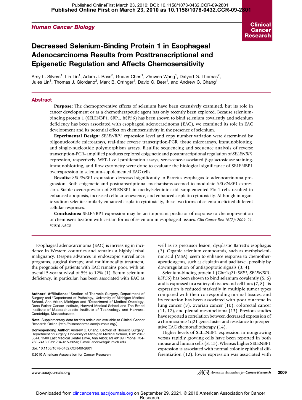 Decreased Selenium-Binding Protein 1 in Esophageal Adenocarcinoma Results from Posttranscriptional and Epigenetic Regulation and Affects Chemosensitivity