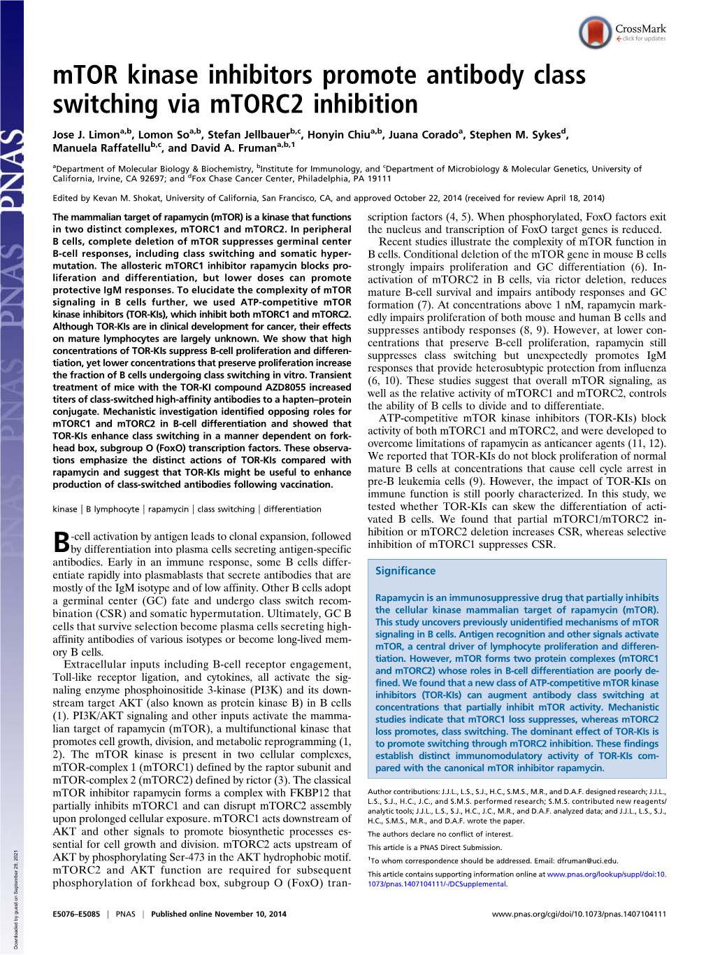 Mtor Kinase Inhibitors Promote Antibody Class Switching Via Mtorc2 Inhibition