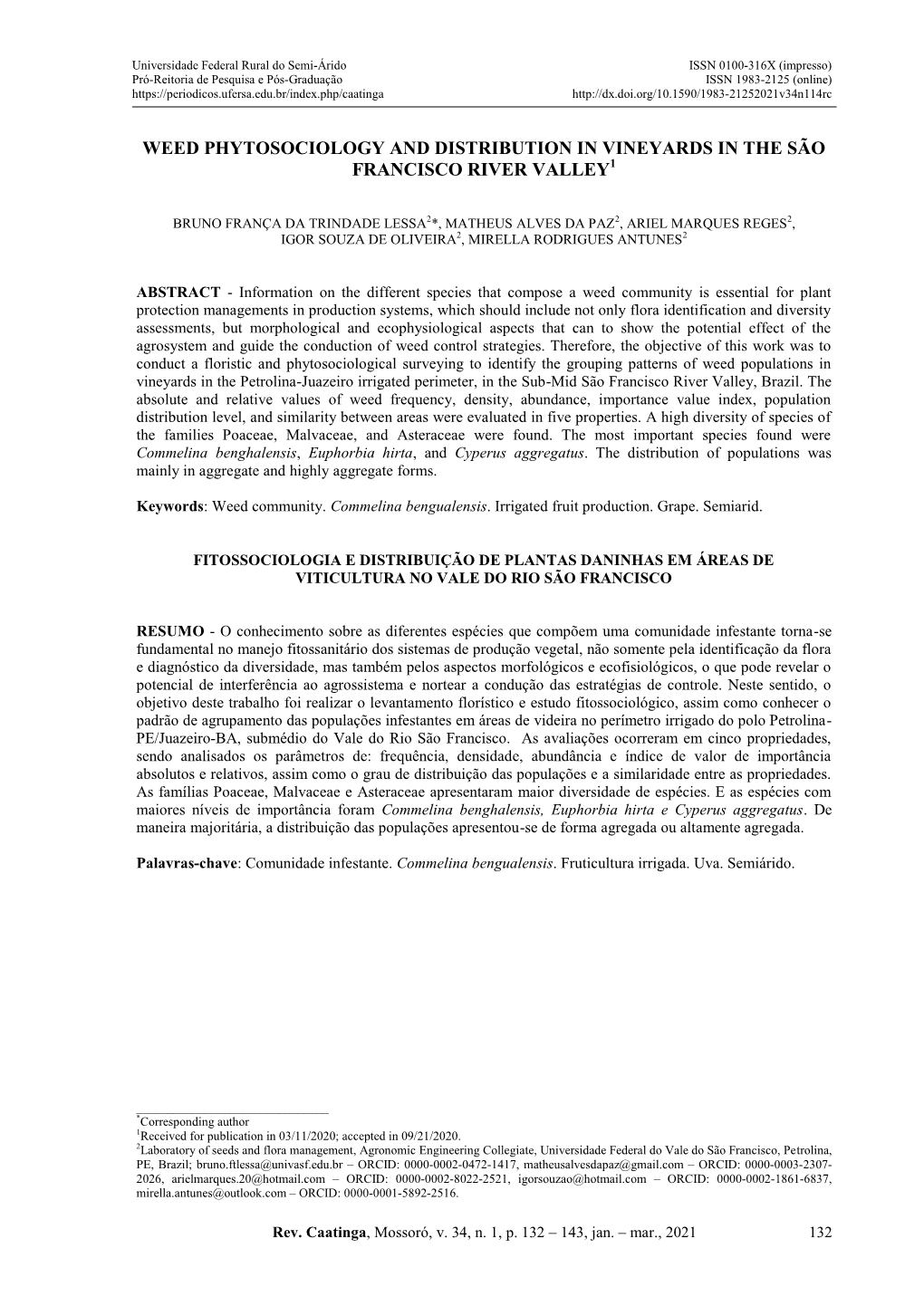 Weed Phytosociology and Distribution in Vineyards in the São Francisco River Valley1