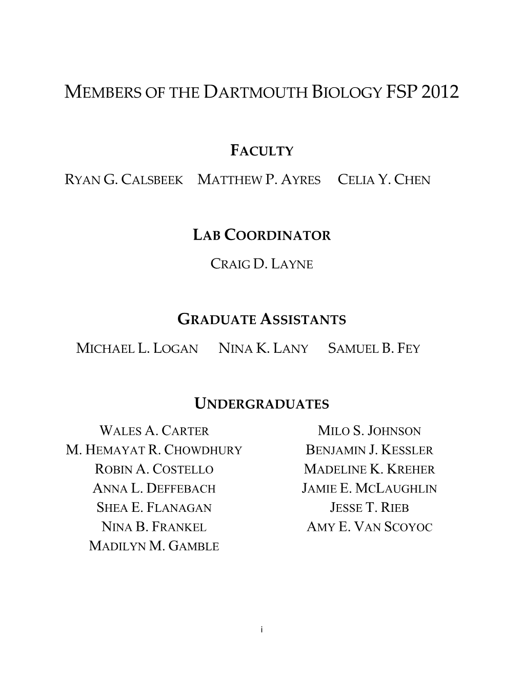 Members of the Dartmouth Biology Fsp 2012