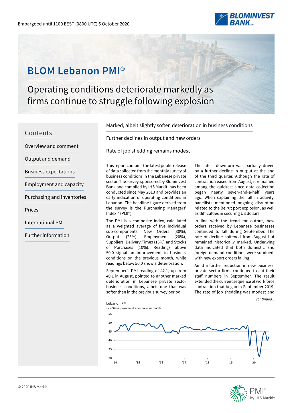 BLOM Lebanon PMI® Operating Conditions Deteriorate Markedly As Firms Continue to Struggle Following Explosion