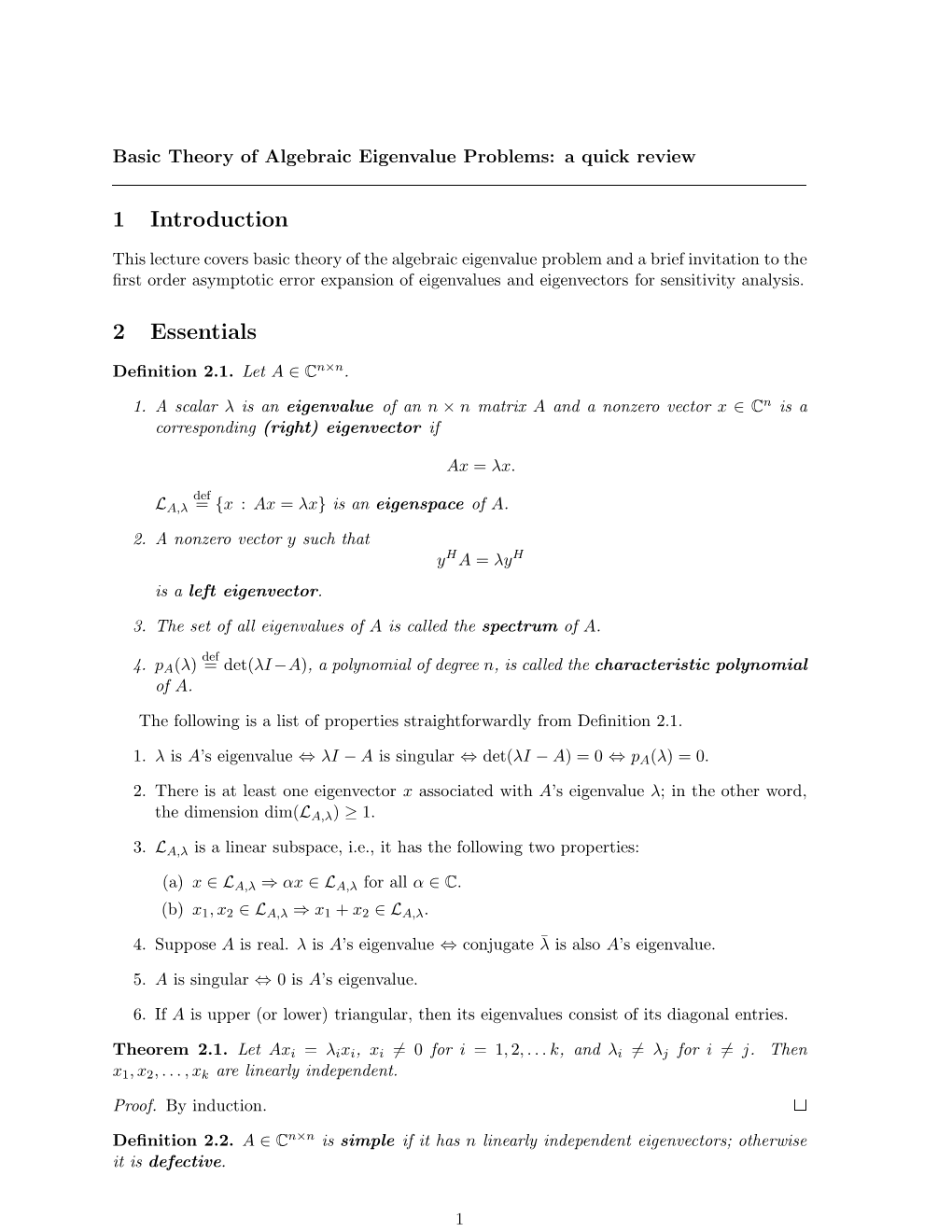 Basic Theory of Algebraic Eigenvalue Problems: a Quick Review