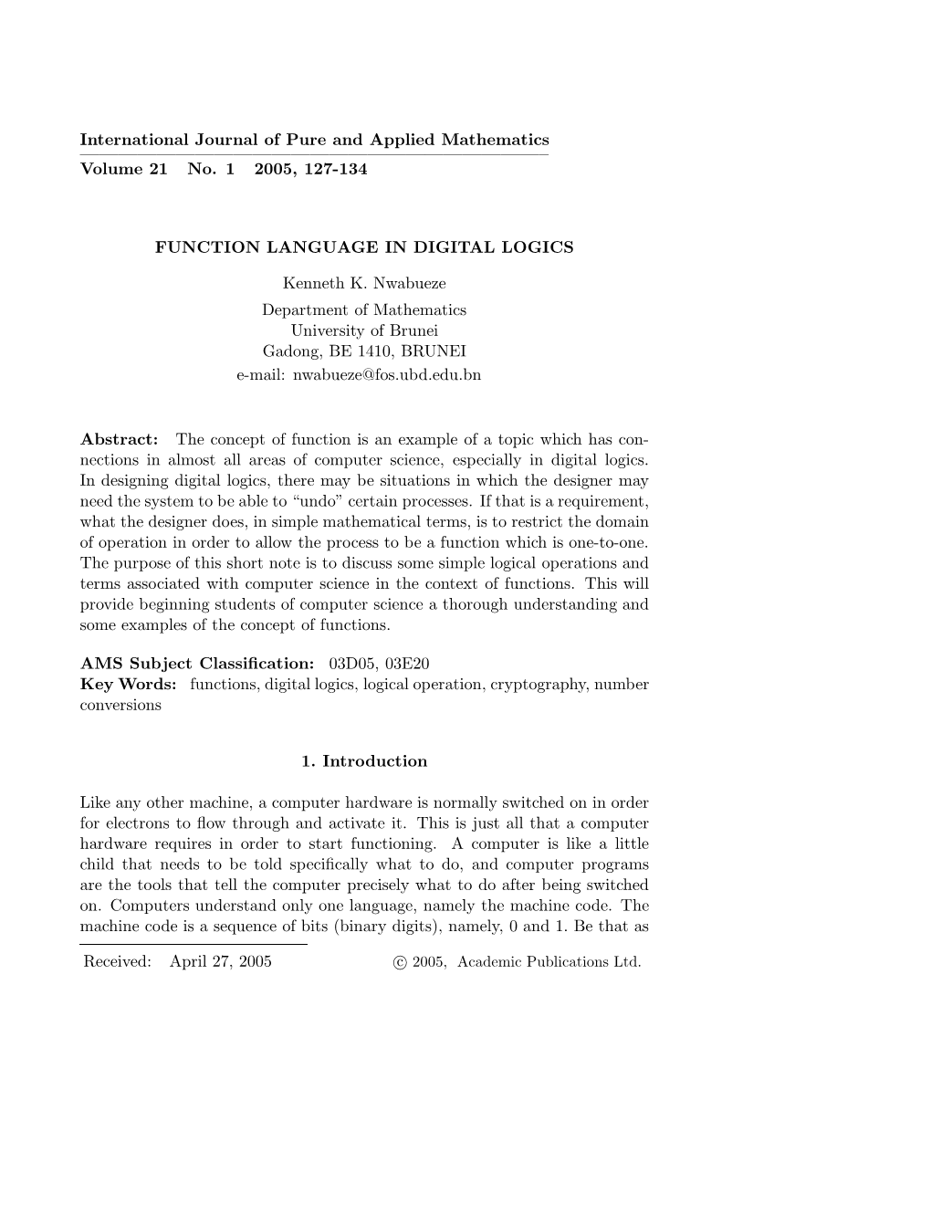 International Journal of Pure and Applied Mathematics ————————————————————————– Volume 21 No